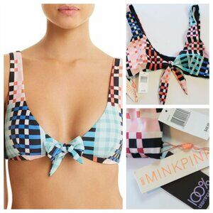 MINKPINK Penelope Bow Tie Front Swim Bikini Top Patchwork Pink Blue Large NWT